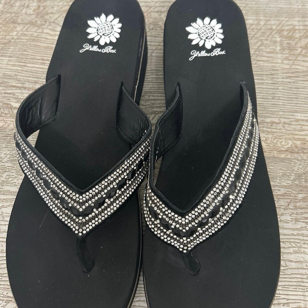 Yellow Box Marcy Rhinestone Wedge Flip Flop Sandals Black 11 Sparkle Comfort - Picture 3 of 11